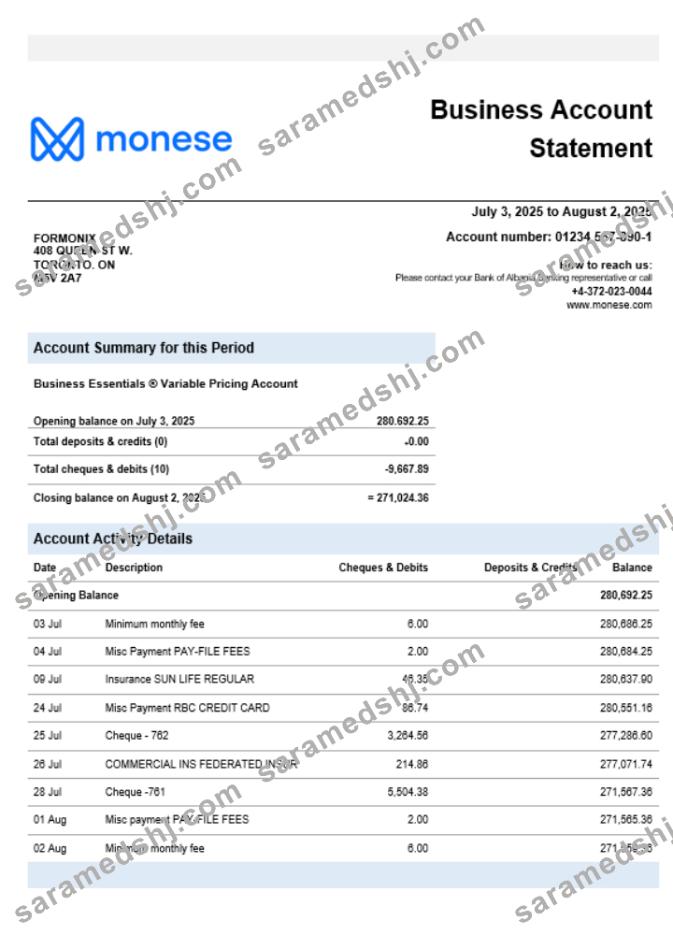 Monese bank business bank statement Word and PDF format
